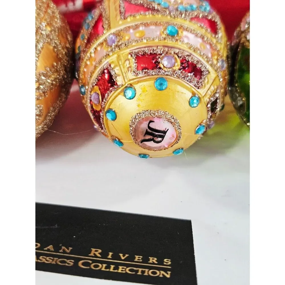 Vintage Joan Rivers Colorful Russian Faberge Style Blown Glass Egg Ornament Set